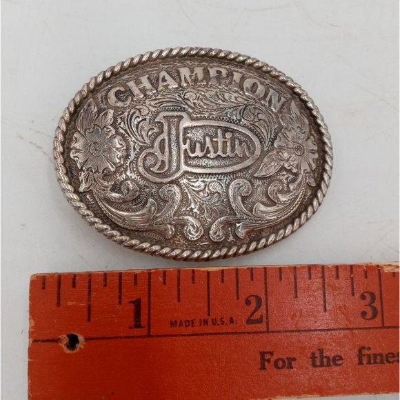 Justin Champion Belt Buckle Vintage Rodeo Cowboy Small Western Wear - Picture 6 of 7